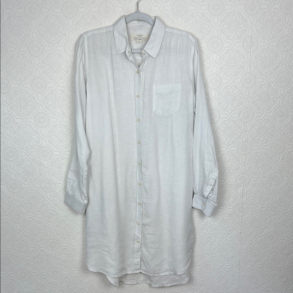 Trovata Birds of Paradis 100% Linen Tunic Dress Button Up Pockets White Shirt‎